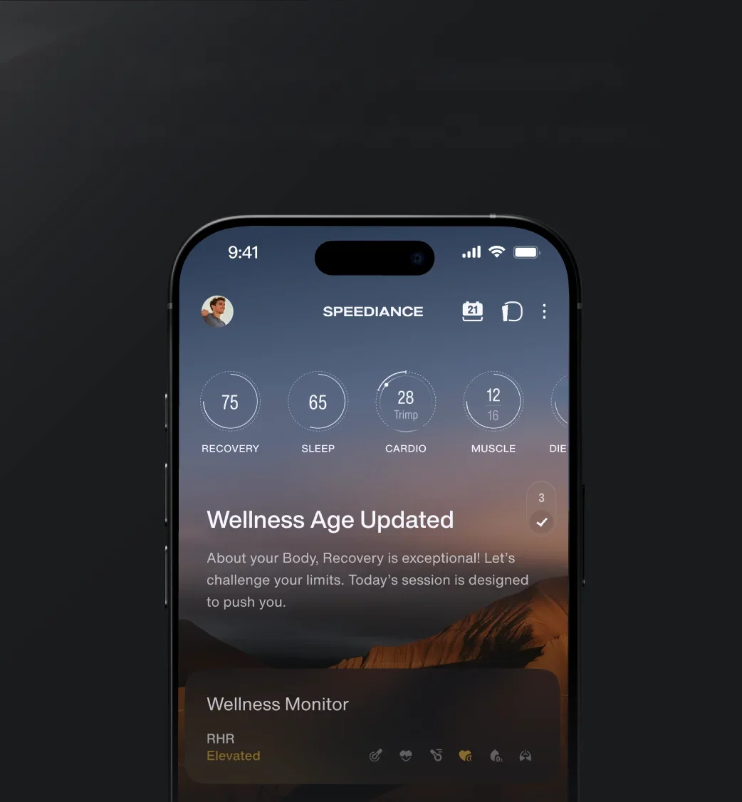 Speediance app on a smartphone showing the Wellness Age Updated card