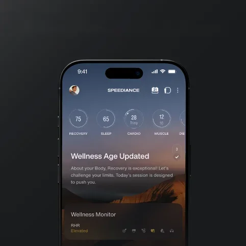 Speediance app on a smartphone showing the Wellness Age Updated card