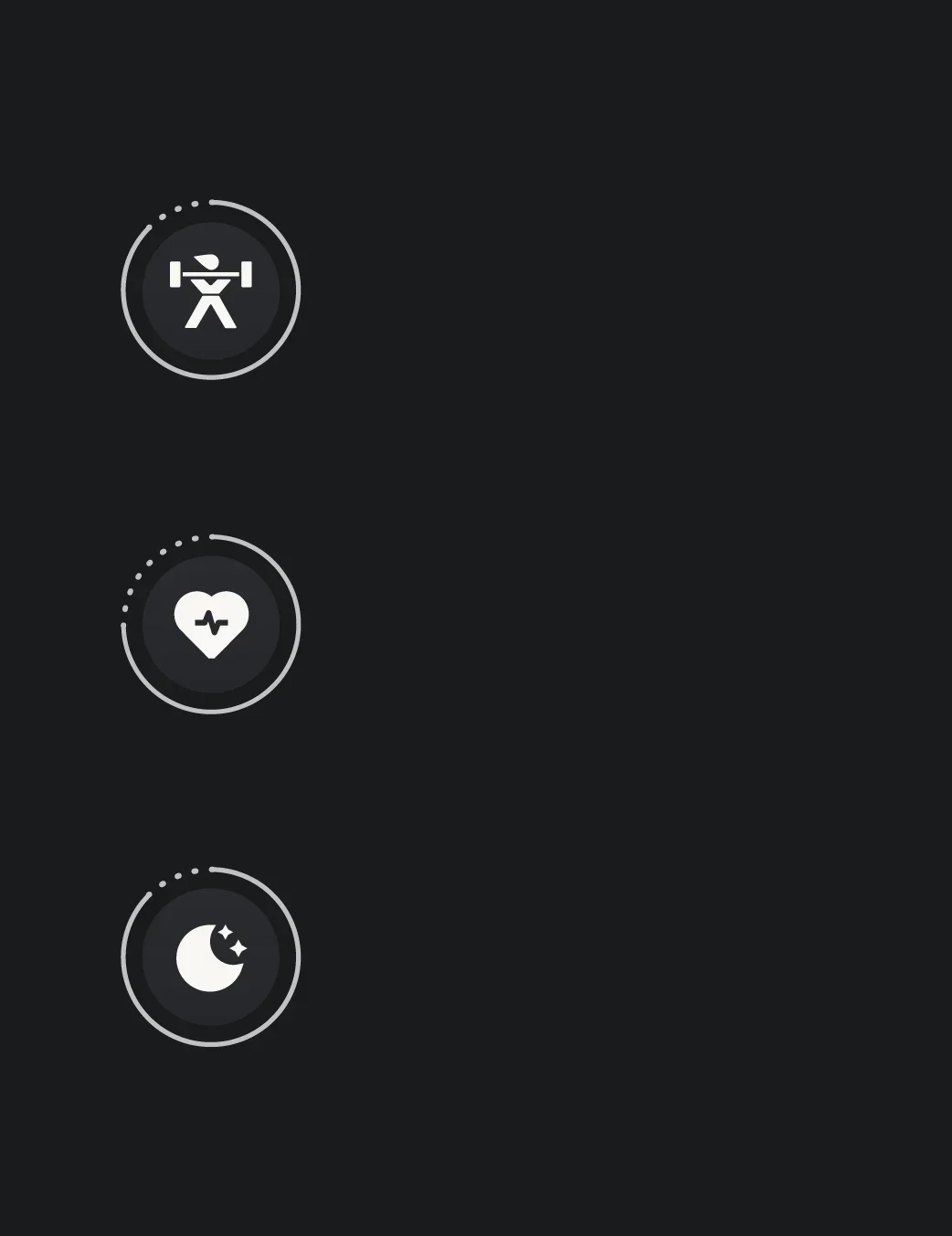 Three circular icons for recovery, cardio load and sleep