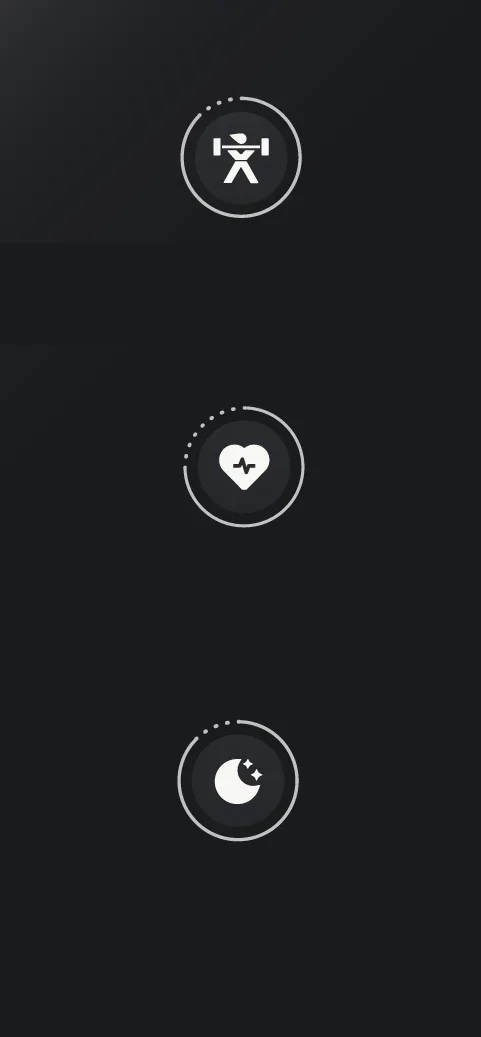 Three circular icons for recovery, cardio load and sleep