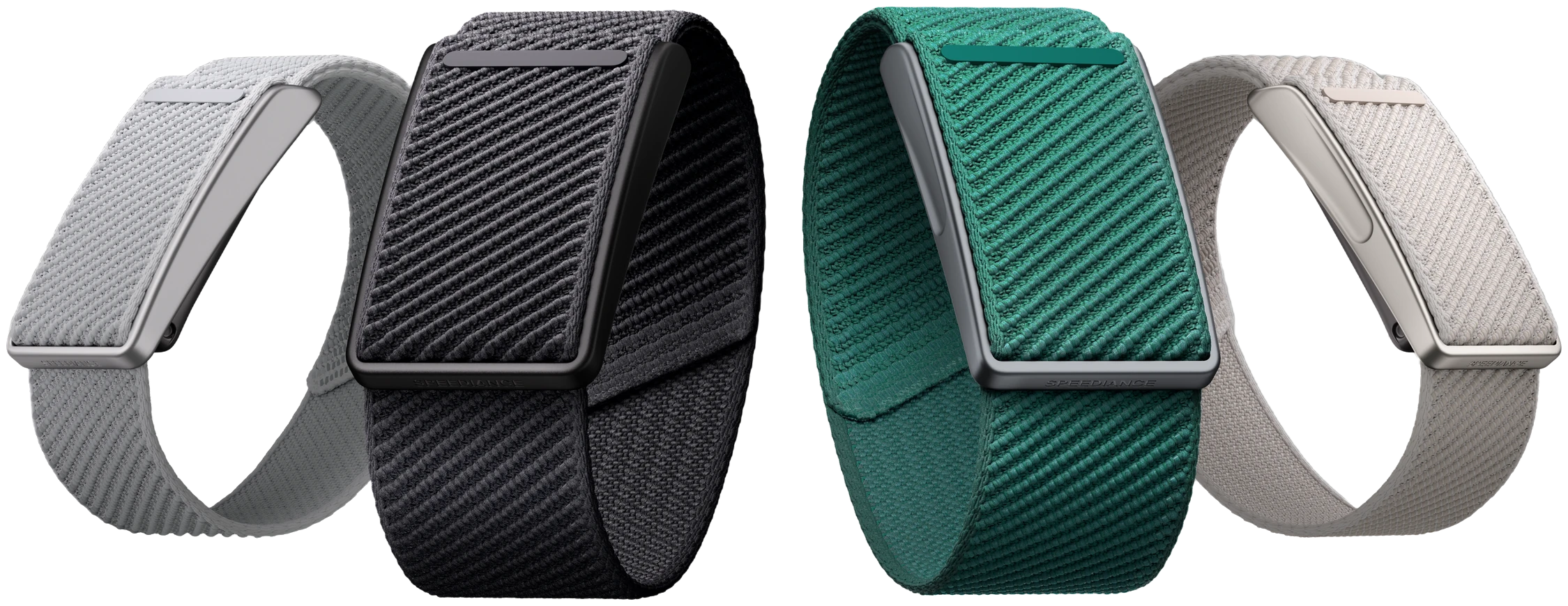Four Speediance Straps in light grey, black, green and beige
